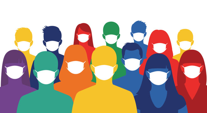 Diverse crowd of people wearing face masks during pandemic health crisis social distancing safety measures public health awareness