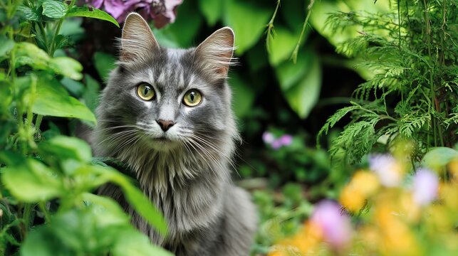Curious fluffy gray cat with striking green eyes peeking through lush garden foliage, evoking wonder and mystery in nature - Powered by Adobe