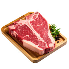 Transparent PNG A fresh, beautifully marbled ribeye steak on a wooden cutting board, garnished with herbs and spices.