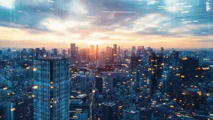 Futuristic Cityscape at Sunset with Data Stream Overlay: High-Rise Buildings, Urban Technology, and Digital Network Communication - Powered by Adobe