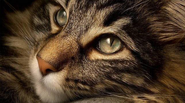 Captivating close-up of a majestic tabby cat's piercing green eyes and soft fur, showcasing intricate detail and natural beauty