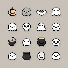 Fototapeta premium A grid of cute and spooky Halloween icons including pumpkins ghosts bats skulls and cauldrons rendered in a simple style