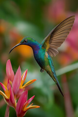 Obraz premium Green hummingbird hovering in tropical garden near pink flowers. Perfect for nature, wildlife, and bird photography.