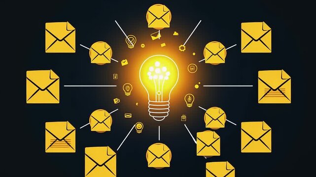 Glowing lightbulb with scattered smaller bulbs and icons represents innovation.