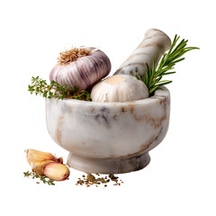 Marble mortar with garlic and herbs