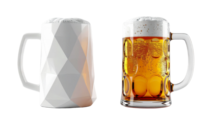 Two frothy beer mug variations isolated on transparent background