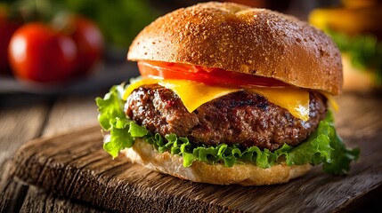 Juicy cheeseburger piled high with fresh lettuce and ripe tomato served on a rustic wooden board