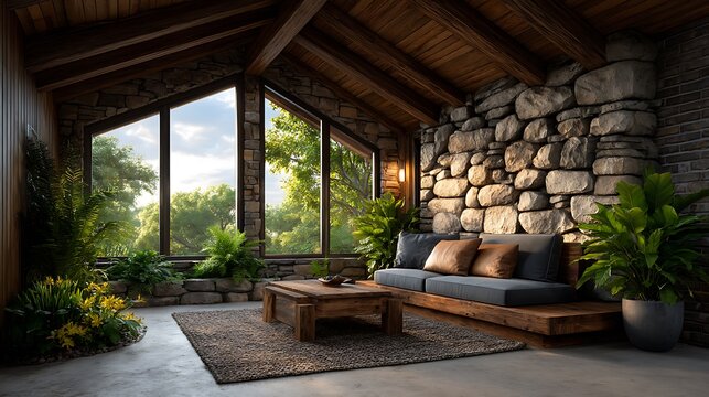 Mid-century modern living room with angled roofline and large clerestory windows.