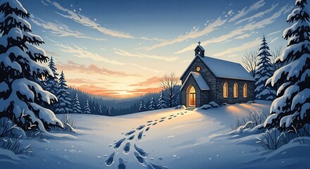 Fototapeta premium Winter Church at Sunset Snowy Landscape