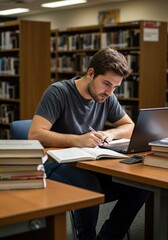 Focused student studying for nobel prize day in library setting
