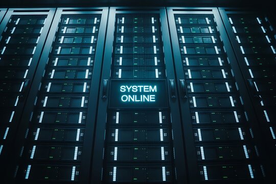 Advanced technological infrastructure glowing with digital information and a central server displaying the system online status