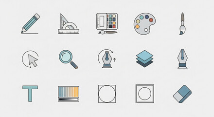 Collection of colorful outline icons representing graphic design and vector editing tools, including pencil, ruler, palette, shape, layer, and other design elements