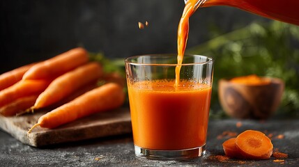 Vibrant carrot juice being poured into a clear glass surrounded by fresh whole and sliced carrots for a healthy refreshment