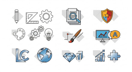 Collection of line art icons representing various concepts such as design, development, creativity, and business