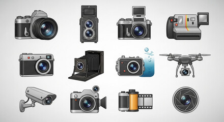 Collection of diverse camera icons showcasing various types, including vintage, modern, and drone cameras