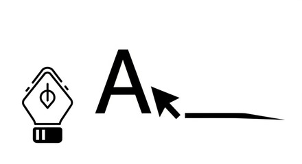 Illustration of graphic design process, showcasing a pen tool icon, the letter a with a cursor, and a line, , symbolizing creativity and precision