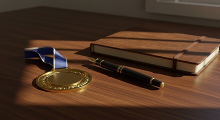 Nobel prize day celebration: medal with blue ribbon and journal on wooden desk