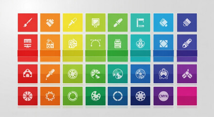 Collection of colorful design software icons, representing various tools and features for graphic design and creative projects