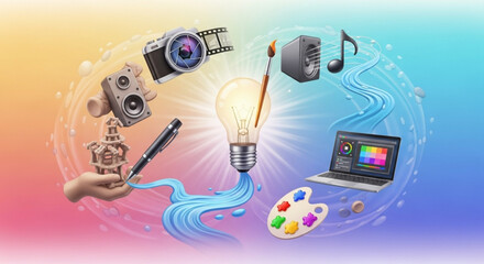 A vibrant collage of creative tools and symbols, featuring a camera, speakers, a lightbulb, a laptop, and a hand holding a pen, all surrounded by colorful swirls