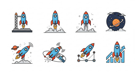 Collection of rocket launch illustrations, showcasing various stages of liftoff and flight, with planets and charts