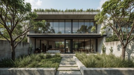 Contemporary Concrete House with Central Courtyard and Tree-Lined Pathway