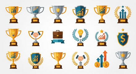 Set of trophy and award icons, symbol of success, achievement, victory, competition, leadership, and recognition