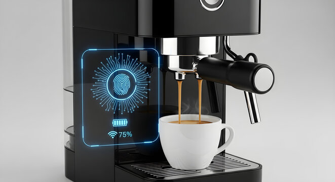 Smart coffee maker with fingerprint recognition, concept of IoT and smart home