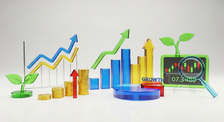 Financial growth concept with charts, coins, and plants showing positive trends, indicating investment success and business development