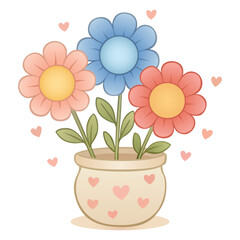 Watercolor illustration of three colorful flowers in a pot with hearts