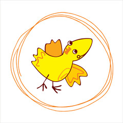 hand drawn vector yellow funny cute bird in orange line frame, bright colors fantasy flying smiling cartoon bird, decorative animal, children's illustration for textile, dish, home decoration
