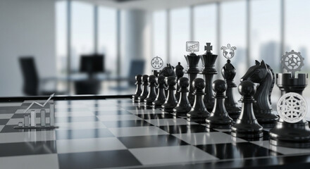 Strategic business concept with chess pieces and business icons on chessboard in office, symbolizing planning, strategy, competition, and success in the corporate world
