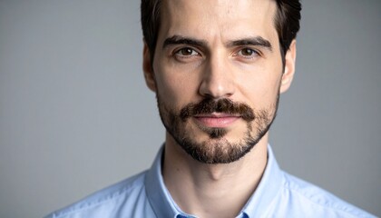 Confident portrait of a handsome young man with a groomed beard and mustache, wearing a blue shirt, looking directly at the camera against a plain grey background
