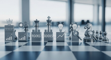 Strategic chess pieces on a chessboard symbolize business strategy, leadership, and planning for success in a competitive market, with a focus on innovation and growth