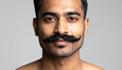 Close-up studio portrait of a handsome young Indian man with a large, perfectly groomed handlebar mustache looking directly at the camera
