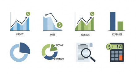 Financial analysis and accounting icons, depicting profit, loss, revenue, expenses, income, and various financial documents