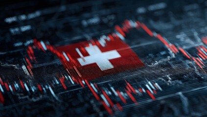 Abstract representation of swiss financial market trends and economic indicators displayed on a digital screen with the swiss flag prominently featured