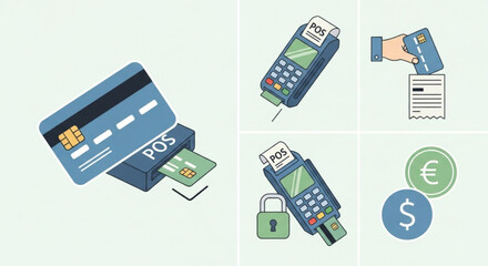 Illustrations showcasing secure point of sale transactions, featuring credit cards, pos terminals, and currency symbols