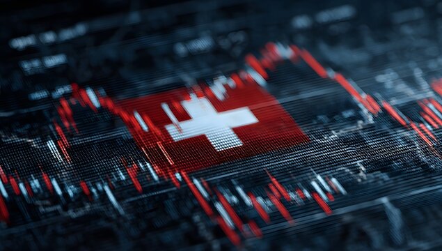 Abstract representation of swiss financial market trends and economic indicators displayed on a digital screen with the swiss flag prominently featured