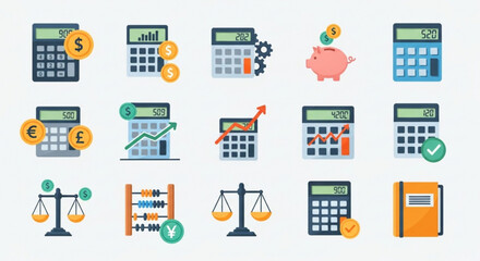 Collection of calculator icons, featuring various designs for financial calculations, accounting, and mathematical operations in business