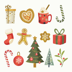 Cute Christmas elements with pastel colors and grunge textures