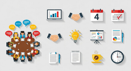 Business meeting and planning icons set of teamwork, chart, handshake, calendar, idea, coffee, and clock for corporate design