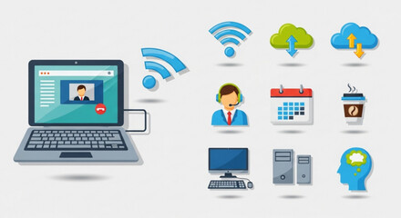 Remote work and online communication concept with laptop, wifi, cloud, calendar, coffee, computer, and head icons