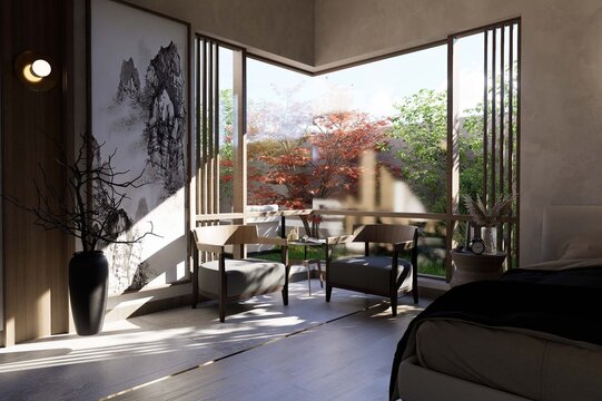 Modern Living and Dining Room with Large Corner Windows and Garden View