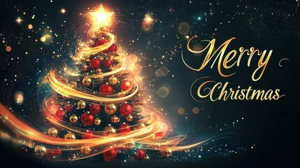 Glowing Christmas tree with golden lights and red ornaments on dark background with Merry Christmas text