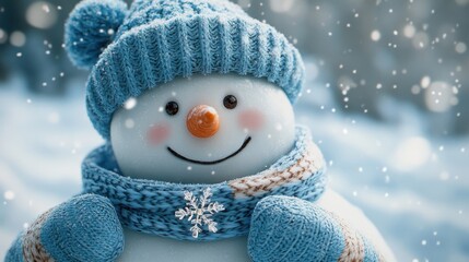 Cute snowman in blue hat and scarf smiling in falling snow on bright winter background with soft light