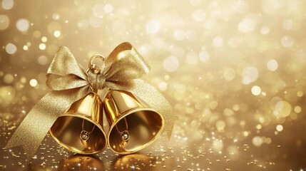 Golden Christmas bells with glitter ribbon on sparkling background symbolizing joy peace and celebration