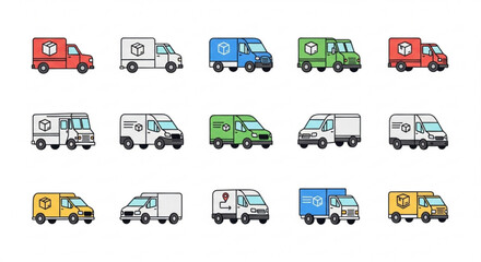 A collection of delivery vans in various colors and designs, representing the concept of delivery service each van has a unique logo