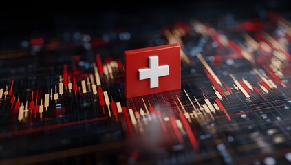 Symbol of swiss financial strength and stability represented by the national flag emblem on a blurred stock market trading chart background