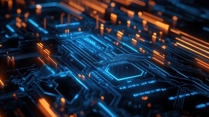 Fototapeta premium Glowing blue and orange electronic circuit background symbolizing technology innovation and digital power