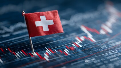 Swiss flag planted on a financial stock market trading chart representing economic growth and investment opportunities in switzerland
